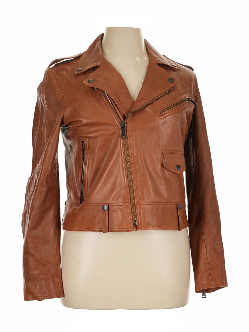 NWOT Polo Ralph Lauren Lamb Leather Moto Jacket Cognac Brown Asymmetrical Zip 14 - Picture 2 of 5